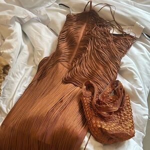 Herve Leger Draped fringe one shoulder gown in Ginger